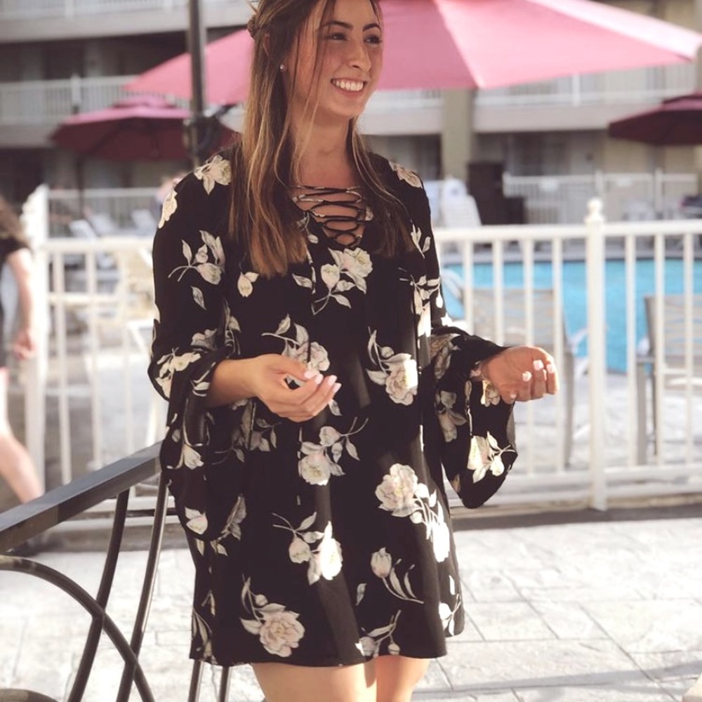 Boutique Black and Floral Bell Sleeve Dress
